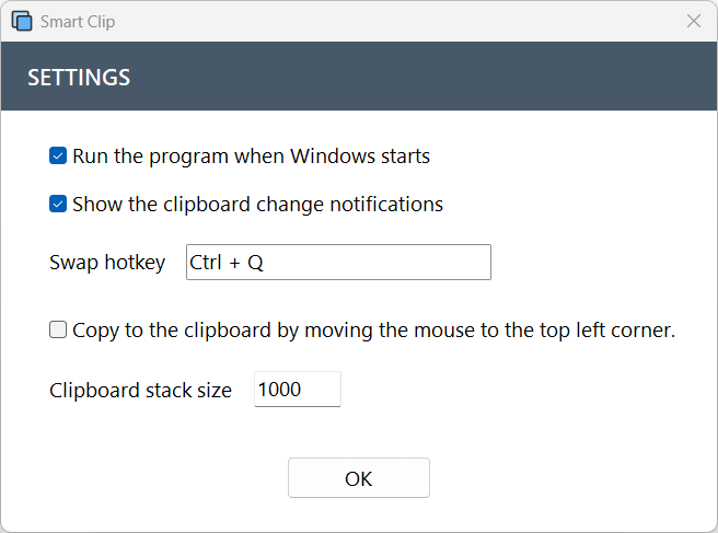 Smart Clip settings window