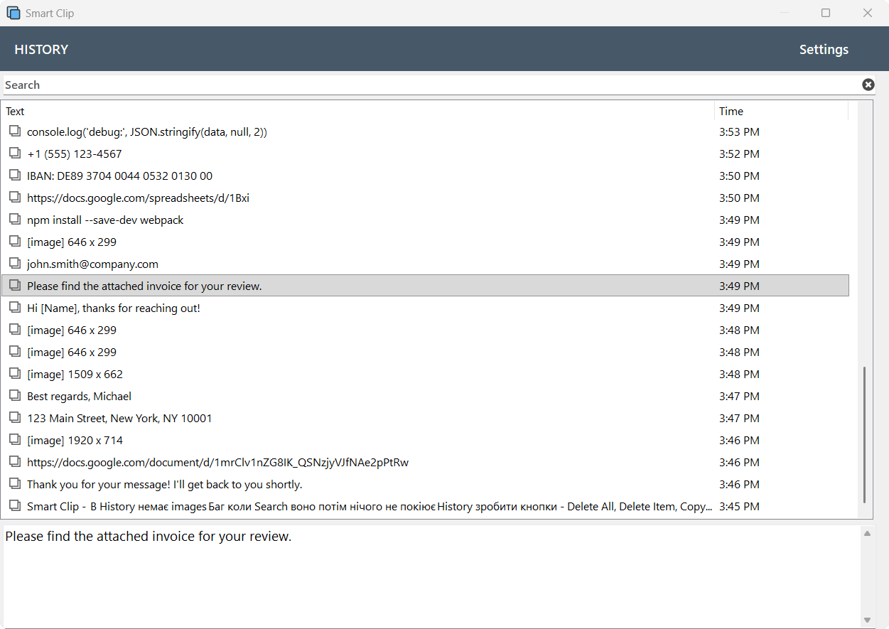 Smart Clip clipboard history window